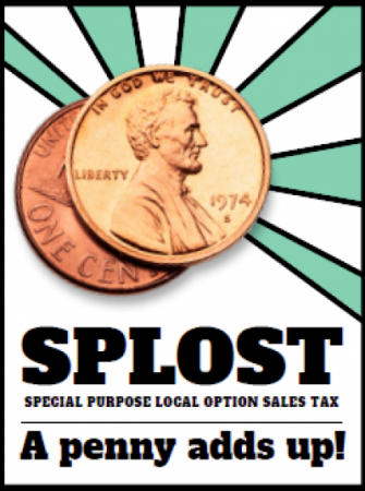 SPLOST project sign with bright beams shining from a penny stating 